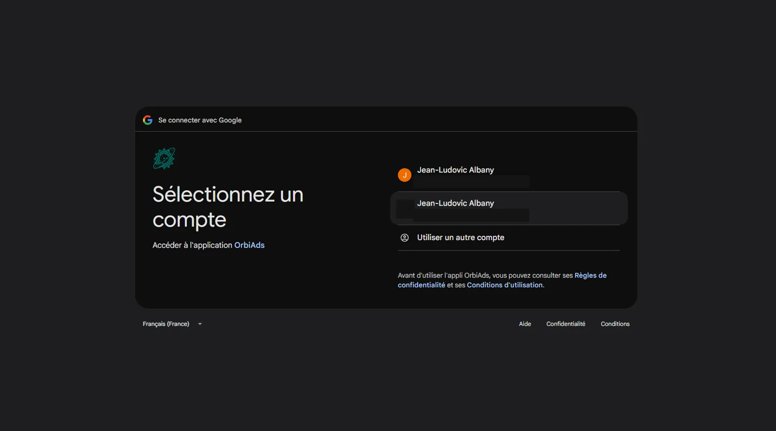 Consentement OAuth — choix du compte