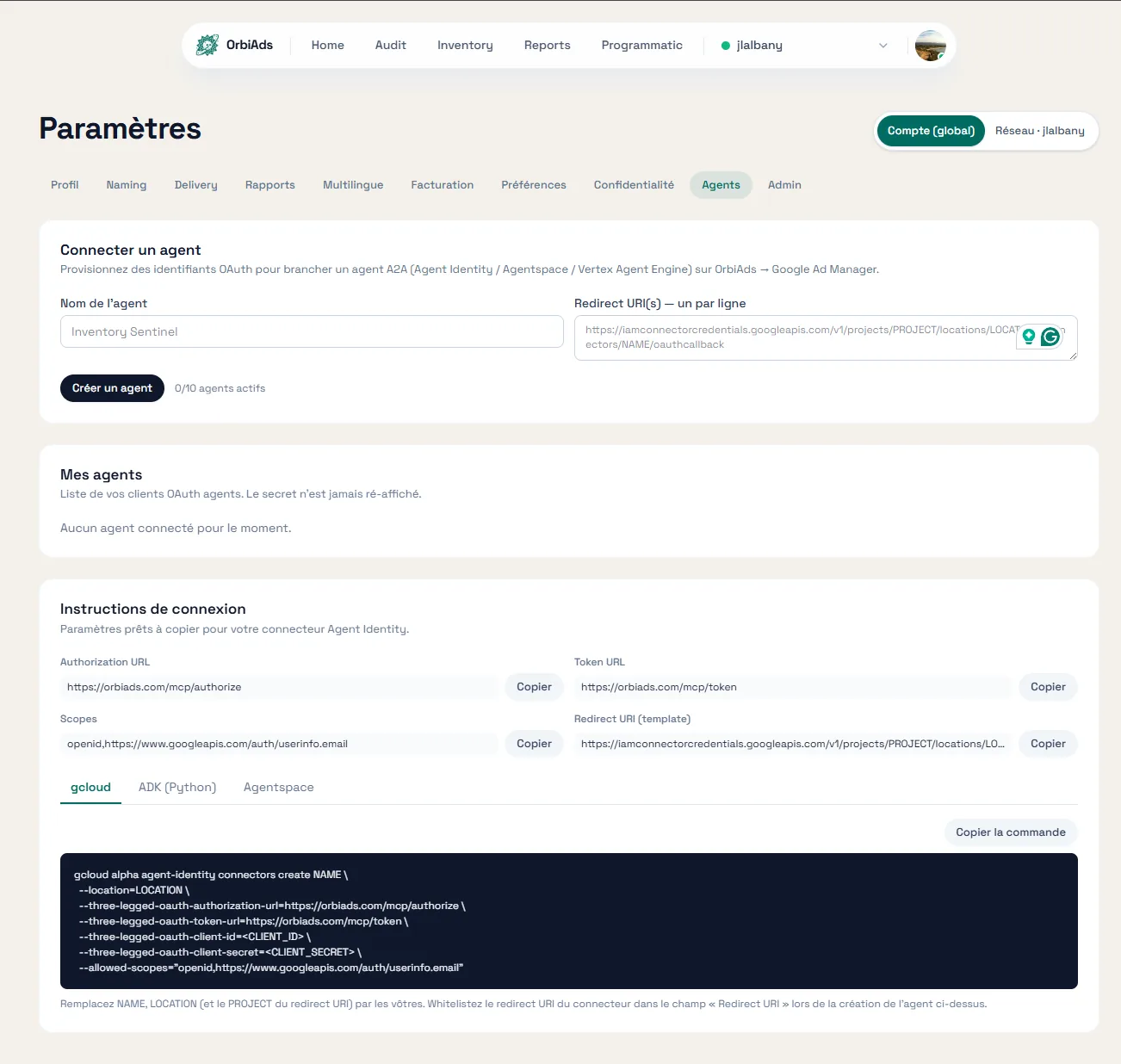 "Connect an agent" page