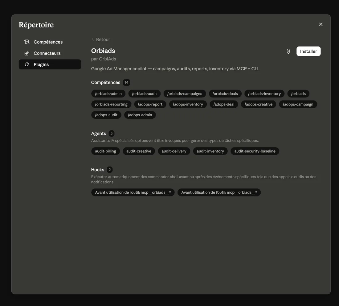 What you get after Sync: the OrbiAds plugin in Claude's directory — Skills, agents and commands.